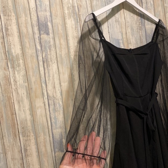 Shein Black Belted Dress With Mesh Puff Sleeves | Size 4 - Picture 3 of 9